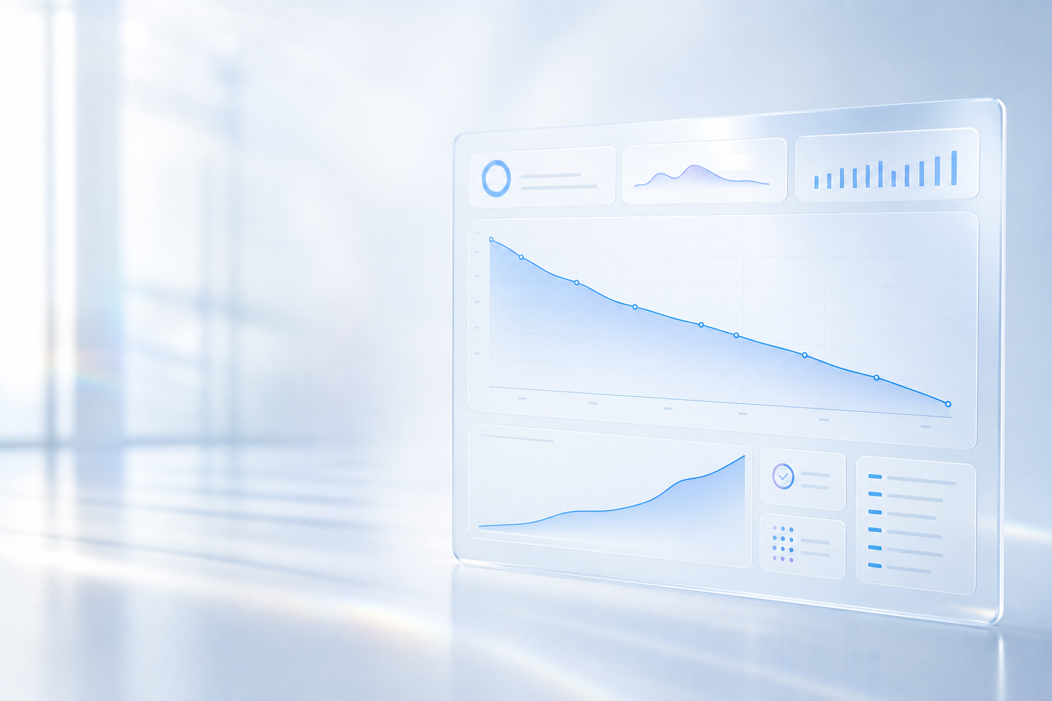 Light, frosted-glass analytics dashboard showing a descending cost curve and savings trend