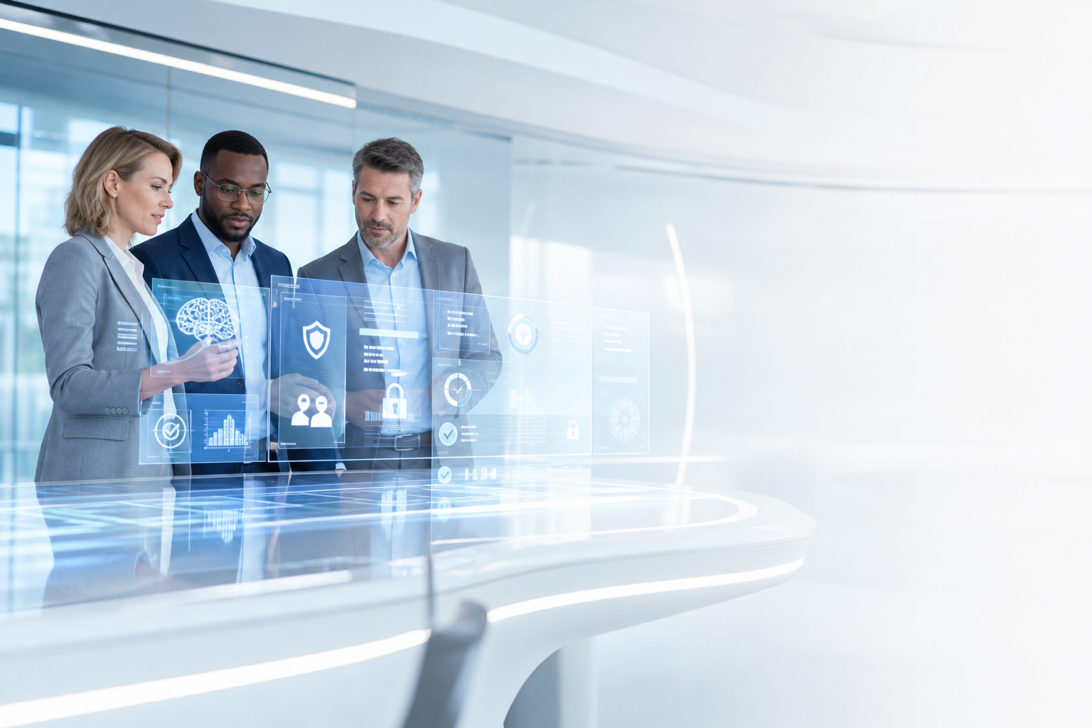 Executives reviewing transparent holographic AI governance dashboards showing compliance, risk, ethics and security indicators in a bright innovation centre