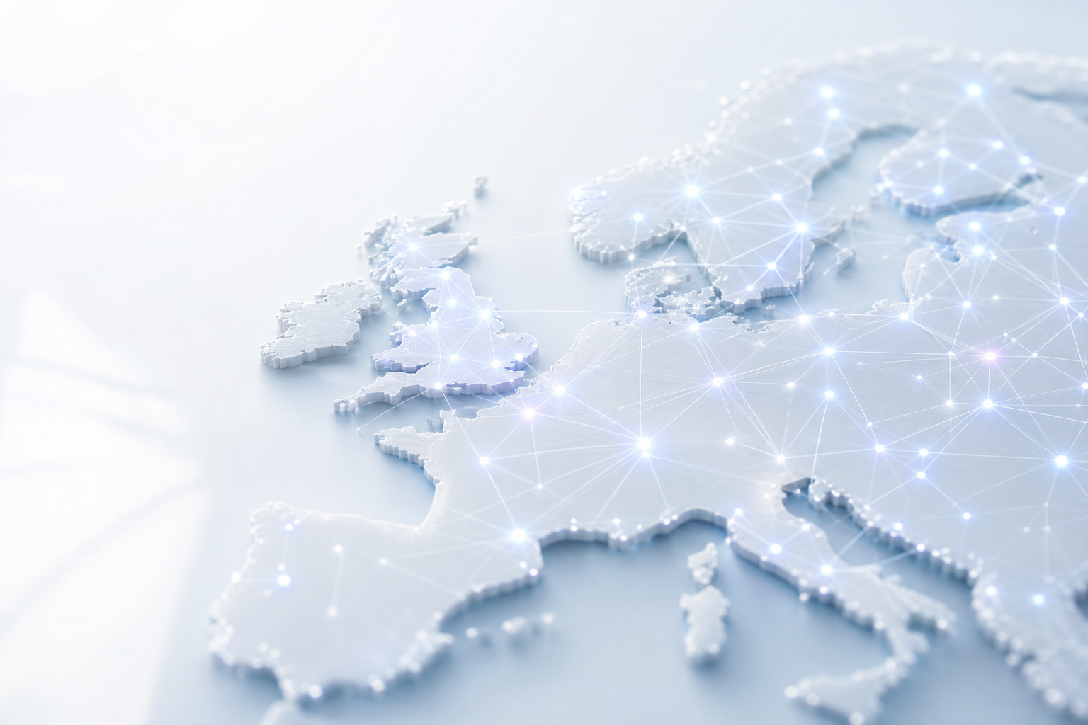 Soft 3D map of the UK and Europe rendered with gently glowing network nodes, representing enterprise licensing at scale