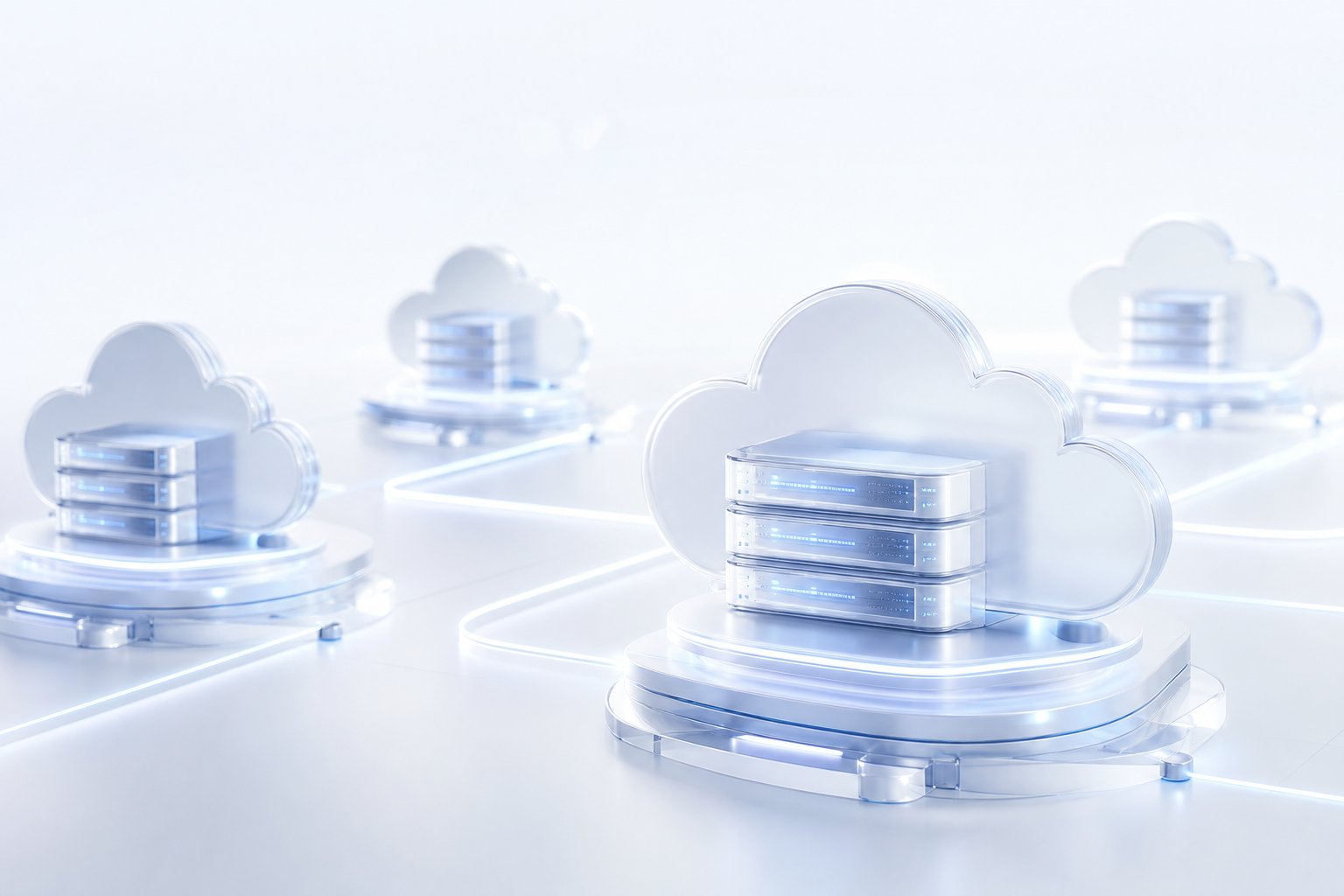 Soft glass cloud-and-server nodes connected across a bright space, representing multi-cloud platforms