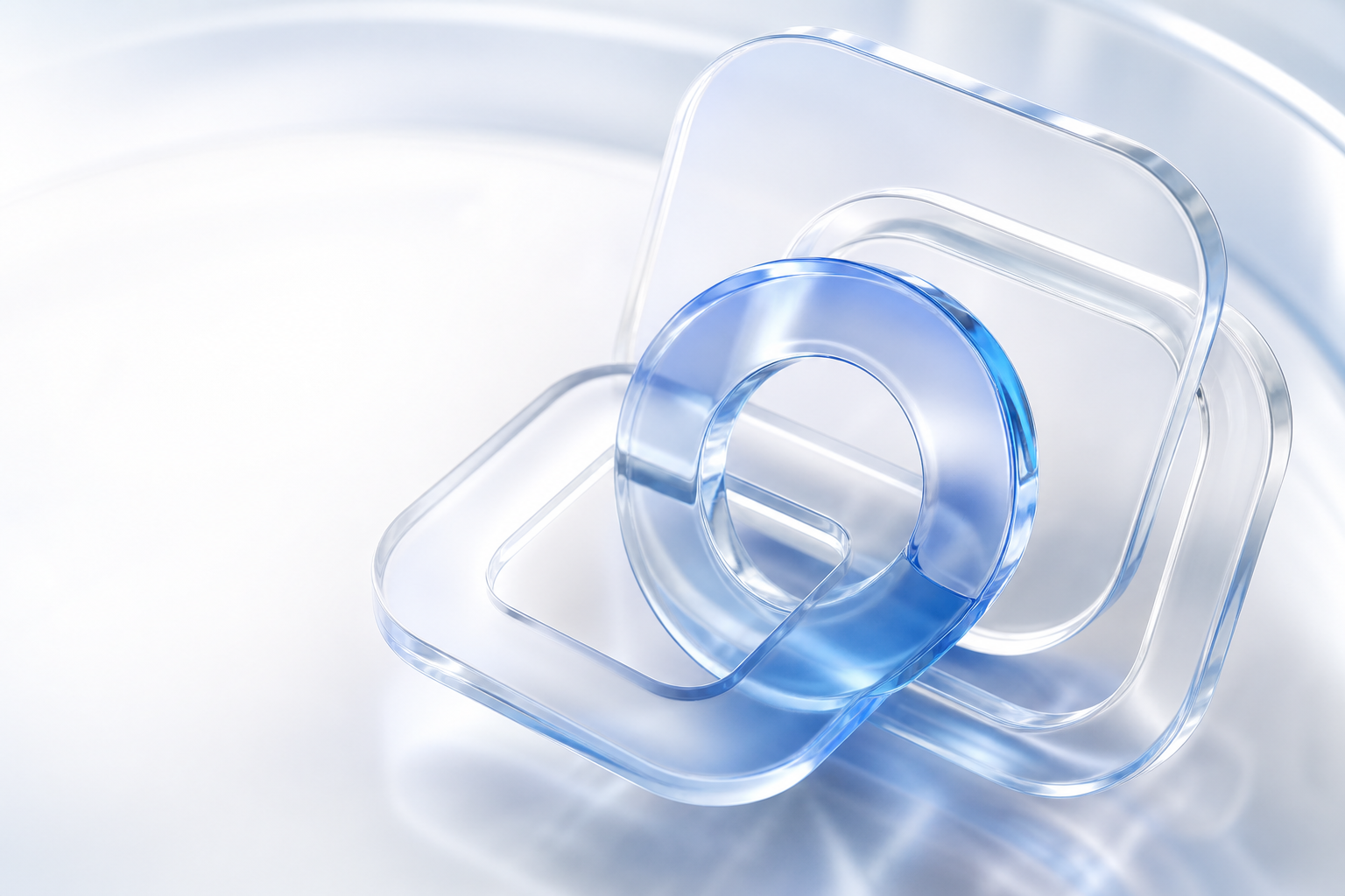 Translucent interlocking glass forms representing technology product partnerships and integration