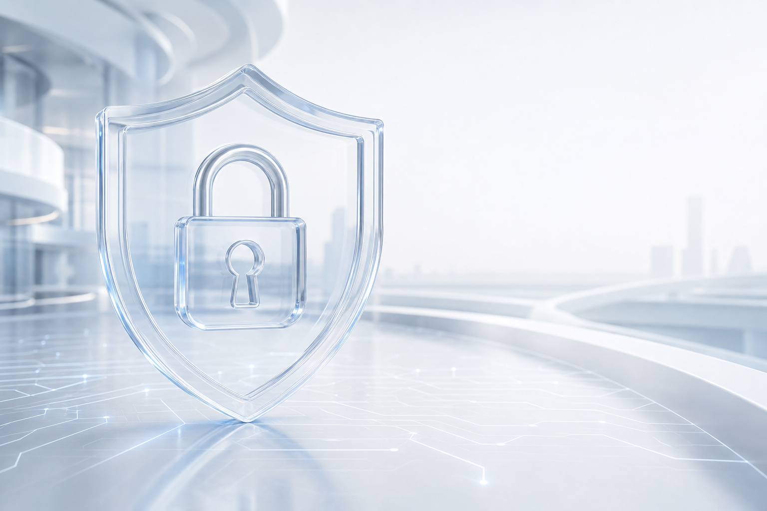 Translucent glass shield and padlock over a bright modern architecture, representing security by design